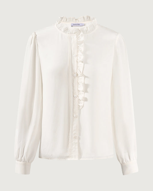 Long Sleeve Silk Blouse with Ruffle Trim