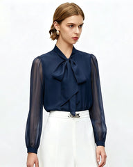 Tie Neck Silk Blouse with Sheer Sleeves