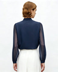 Tie Neck Silk Blouse with Sheer Sleeves