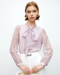 Tie Neck Silk Blouse with Sheer Sleeves