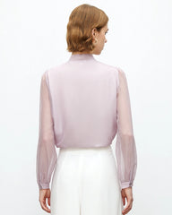 Tie Neck Silk Blouse with Sheer Sleeves