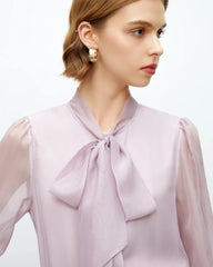 Tie Neck Silk Blouse with Sheer Sleeves