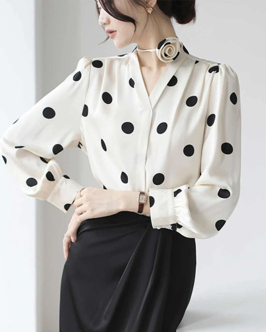 Polka Dot Silk Blouse with Rose Choker, White and Black