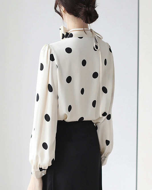 Polka Dot Silk Blouse with Rose Choker, White and Black