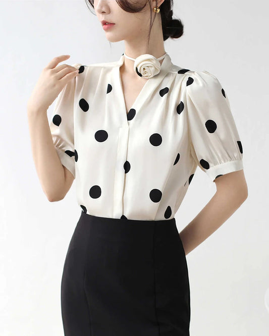 Silk Polka Dot Top with Rose Choker, White and Black