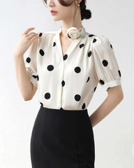 Silk Polka Dot Top with Rose Choker, White and Black