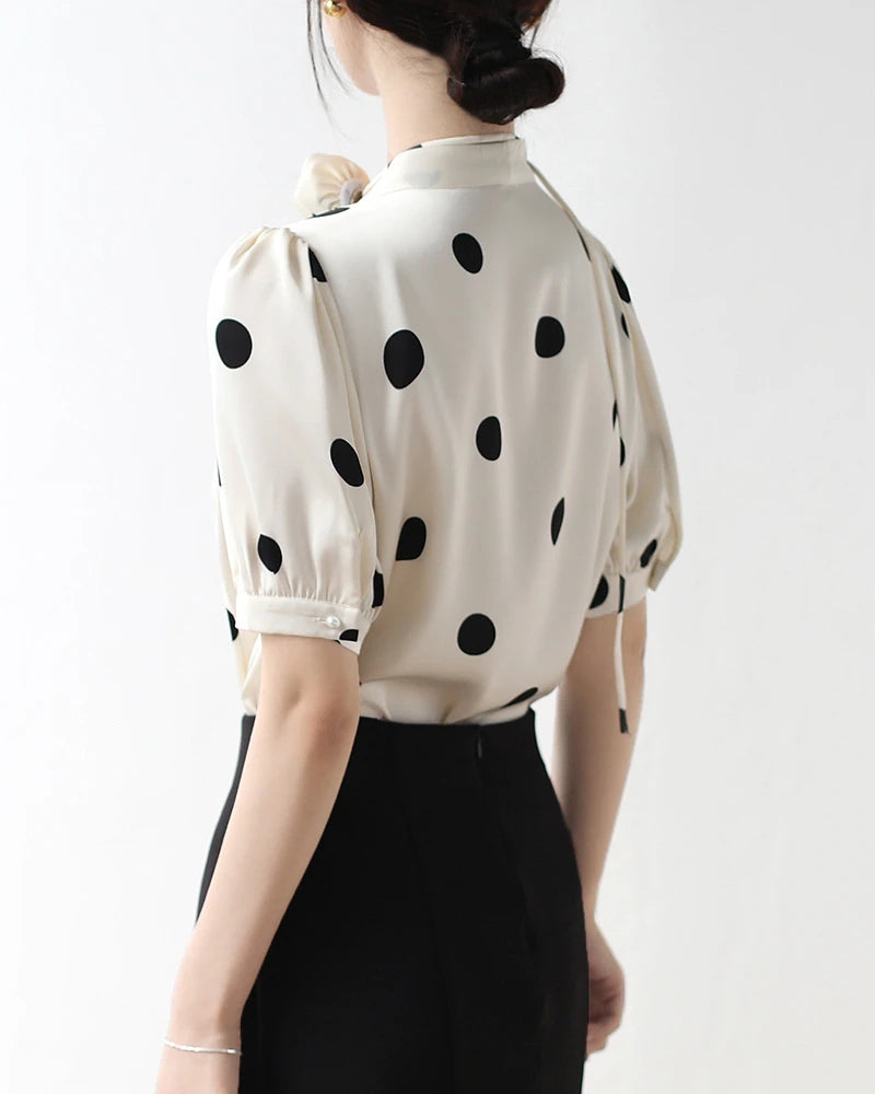 Silk Polka Dot Top with Rose Choker, White and Black