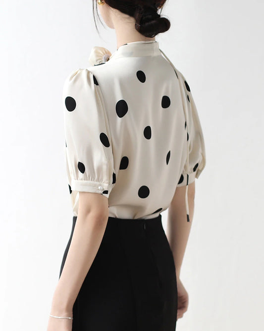 Silk Polka Dot Top with Rose Choker, White and Black