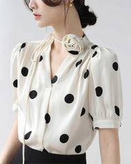 Silk Polka Dot Top with Rose Choker, White and Black
