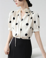 Silk Polka Dot Top with Rose Choker, White and Black