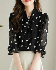 Polka Dot Silk Blouse with Ruffles, Black and White