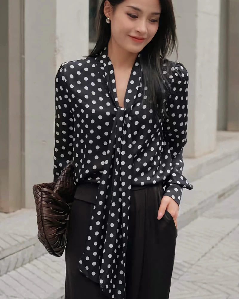 Tie Front Polka Dot Silk Blouse, Black and White