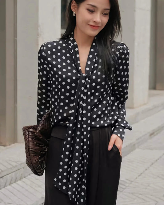 Tie Front Polka Dot Silk Blouse, Black and White