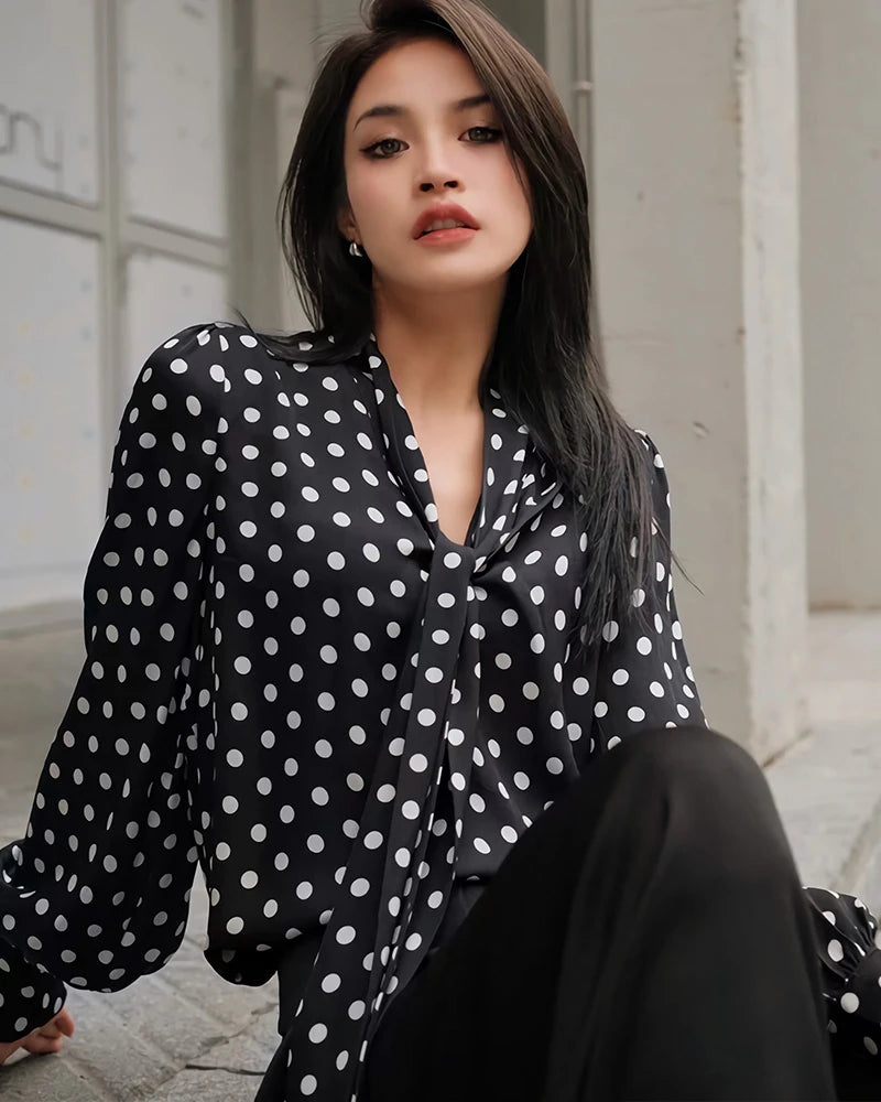 Tie Front Polka Dot Silk Blouse, Black and White