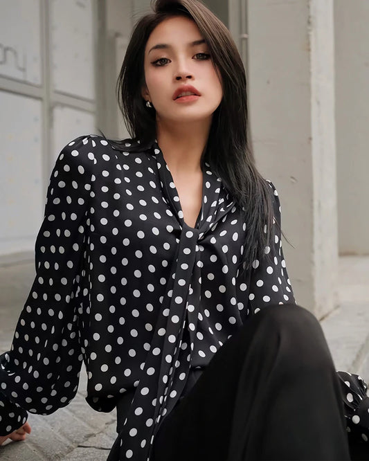 Tie Front Polka Dot Silk Blouse, Black and White