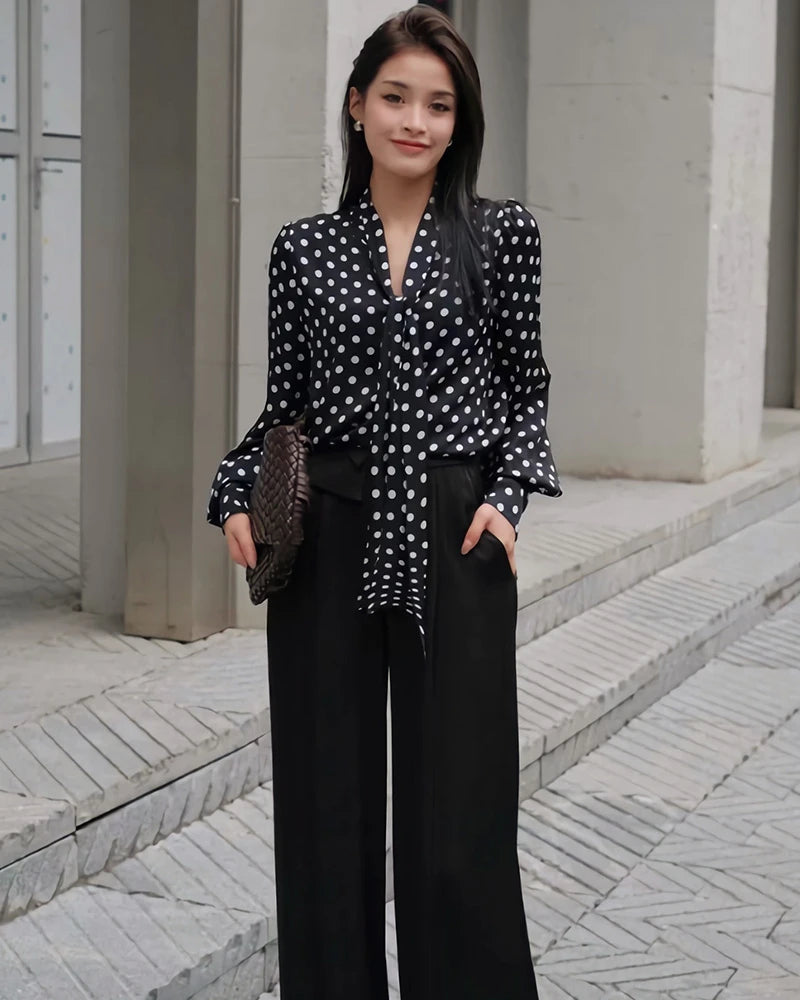Tie Front Polka Dot Silk Blouse, Black and White
