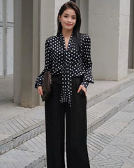 Tie Front Polka Dot Silk Blouse, Black and White