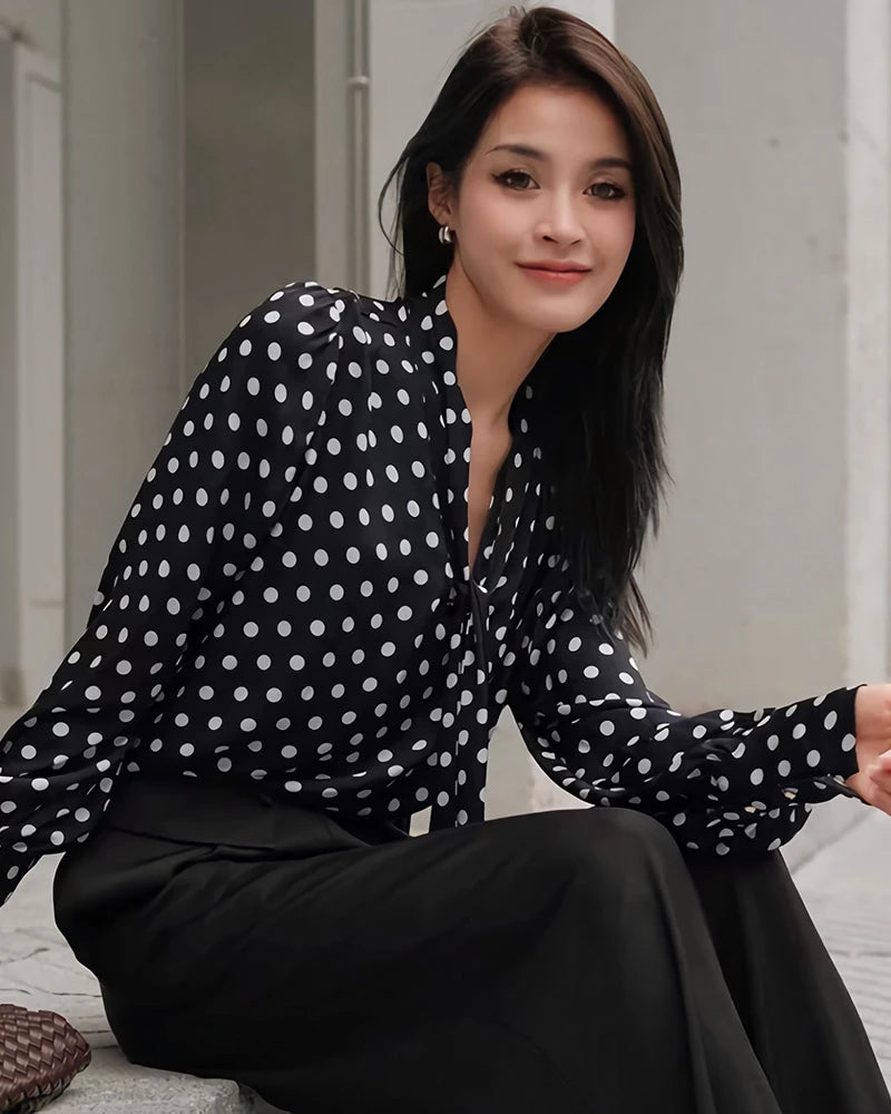 Tie Front Polka Dot Silk Blouse, Black and White