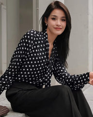 Tie Front Polka Dot Silk Blouse, Black and White