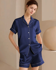 Washable Silk Short Pajama Set, Navy