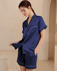 Washable Silk Short Pajama Set, Navy