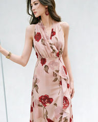 Rose Print Sleeveless Silk Midi Dress