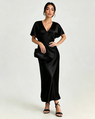 Satin Triacetate Batwing Sleeve Maxi Slip Dress