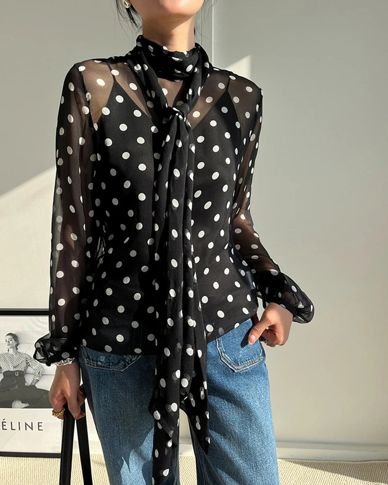 Sheer Polka Dot Silk Blouse, Black and White
