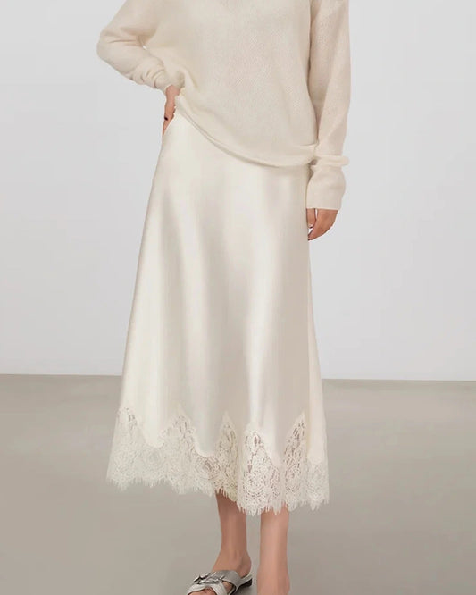 Silk Bias Cut Midi Skirt with Lace Trim - DAISYSILK UK