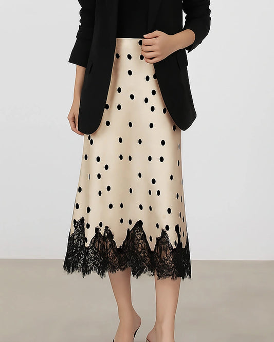 Silk Bias Cut Midi Skirt with Lace Trim
