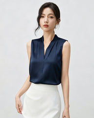22 Momme Silk V-Neck Pleated Blouse