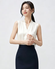 22 Momme Silk V-Neck Pleated Blouse