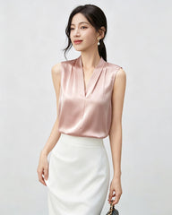 22 Momme Silk V-Neck Pleated Blouse