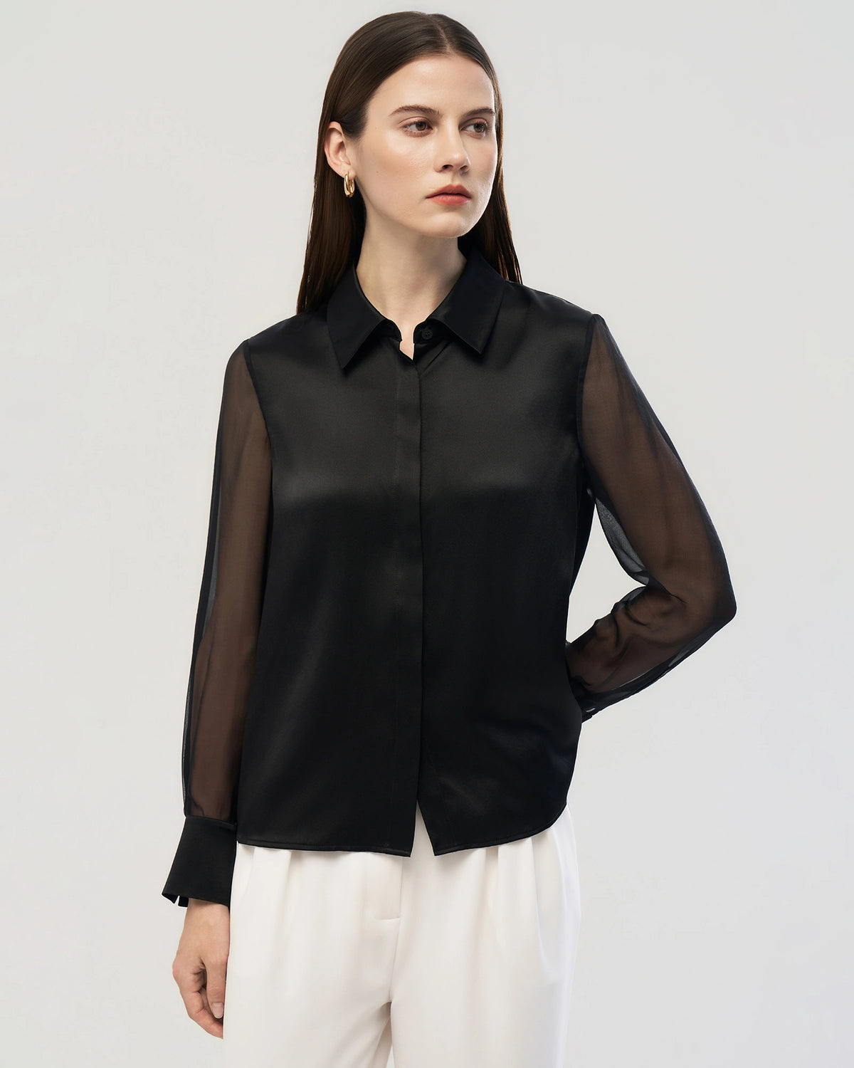 19 Momme Silk Black Shirt with Sheer Georgette Sleeves
