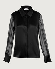 19 Momme Silk Black Shirt with Sheer Georgette Sleeves