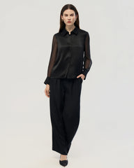 19 Momme Silk Black Shirt with Sheer Georgette Sleeves