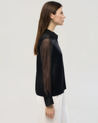 19 Momme Silk Black Shirt with Sheer Georgette Sleeves