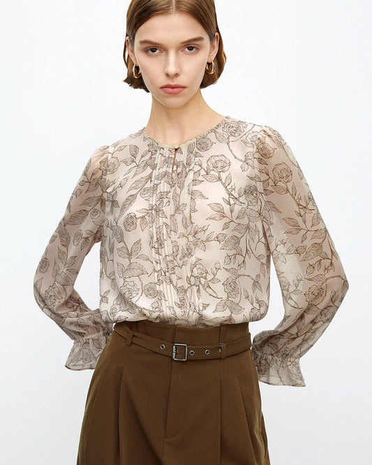 Rose Sketch Floral Silk Blouse