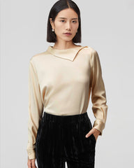 Asymmetric Boat Neck Silk Long Sleeve Blouse