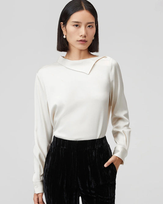 Asymmetric Boat Neck Silk Long Sleeve Blouse