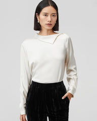 Asymmetric Boat Neck Silk Long Sleeve Blouse