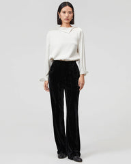 Asymmetric Boat Neck Silk Long Sleeve Blouse