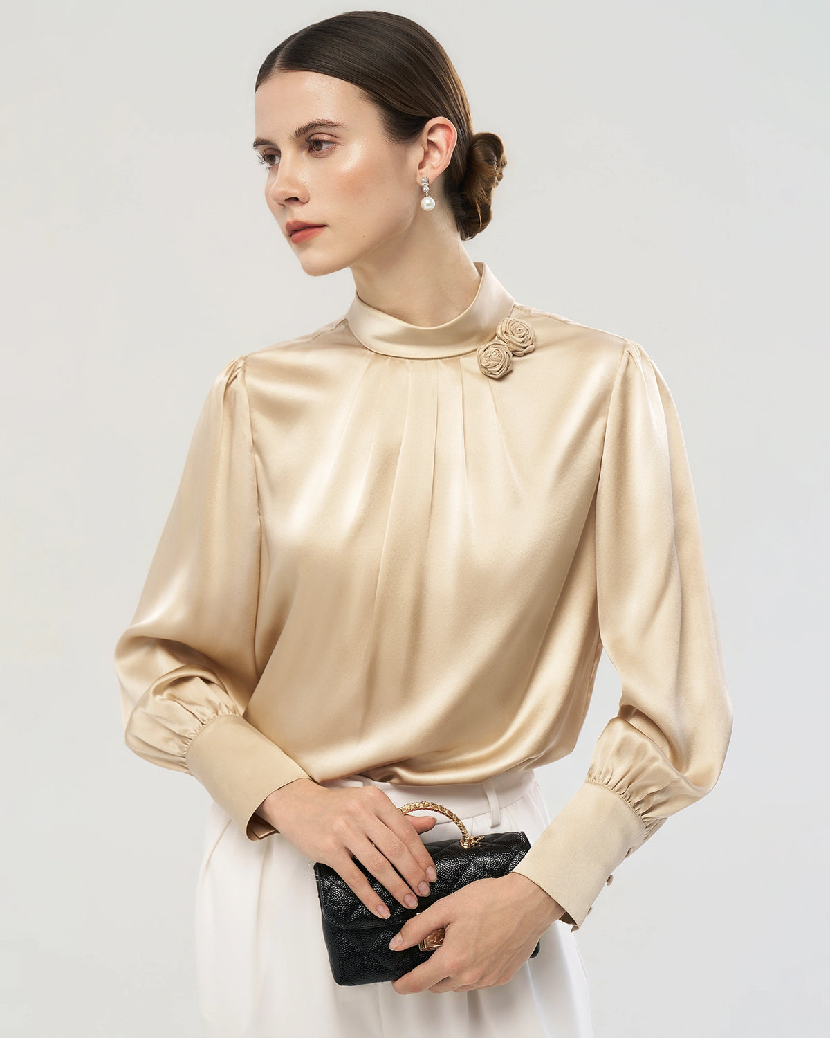 19 Momme Silk Blouse with Handcrafted Rose Detail