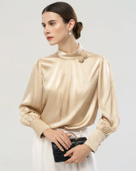 19 Momme Silk Blouse with Handcrafted Rose Detail