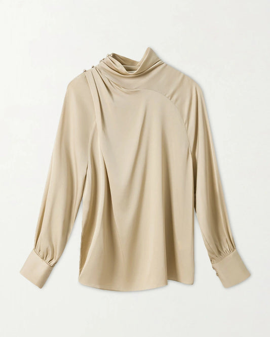Pleated Mock Neck Silk Long Sleeve Blouse