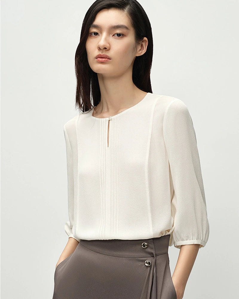 19 Momme Round Neck Silk Blouse 3/4 Sleeve