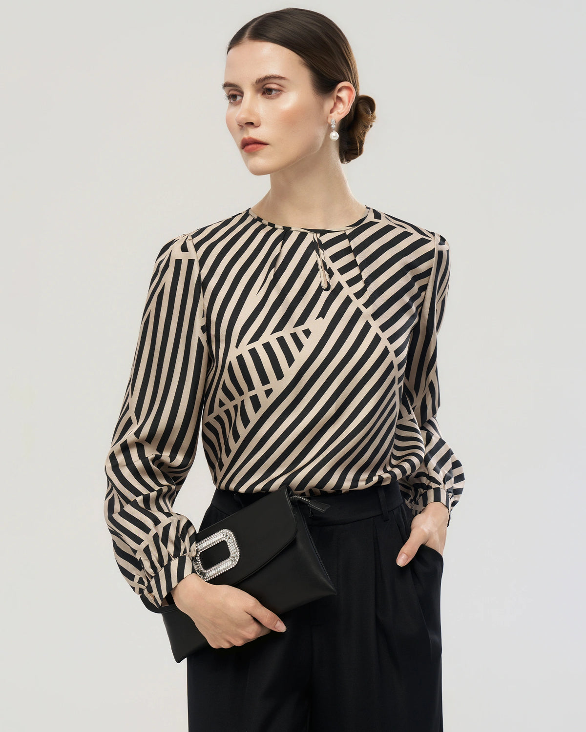Abstract Stripe Silk Pleated Neck Blouse