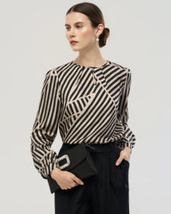 Abstract Stripe Silk Pleated Neck Blouse