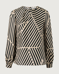 Abstract Stripe Silk Pleated Neck Blouse