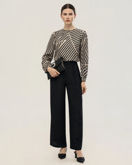 Abstract Stripe Silk Pleated Neck Blouse